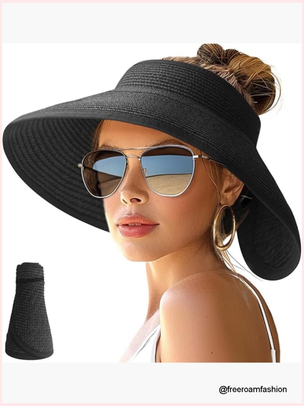 Wide Brim Roll-Up Beach Ponytail Sun Hat Packable Foldable Travel Straw Visor